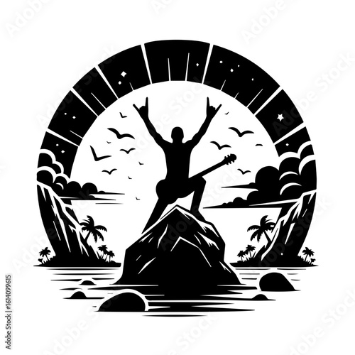 Silhouette of a Rock Guitarist on a Mountain Peak.