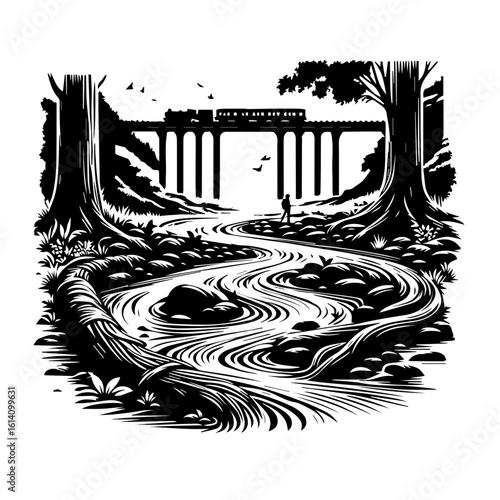 Silhouette of a Train on a Bridge Over a Winding River.