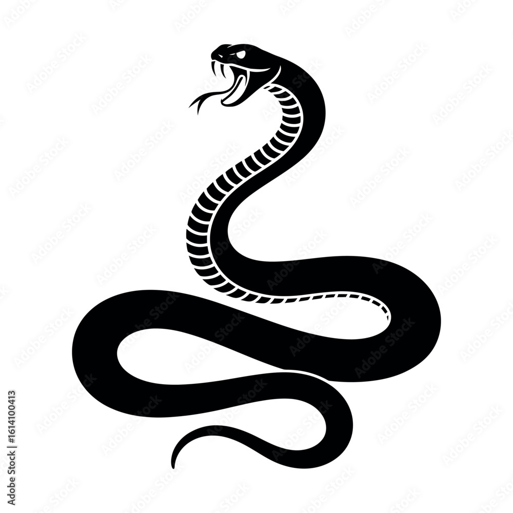 Fototapeta premium Black viper snake coiled with fangs and forked tongue exposed cobra serpent