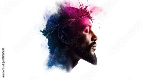 Wallpaper Mural A profile portrait of a man, possibly Jesus, wearing a crown of thorns, with vibrant color splashes. Torontodigital.ca