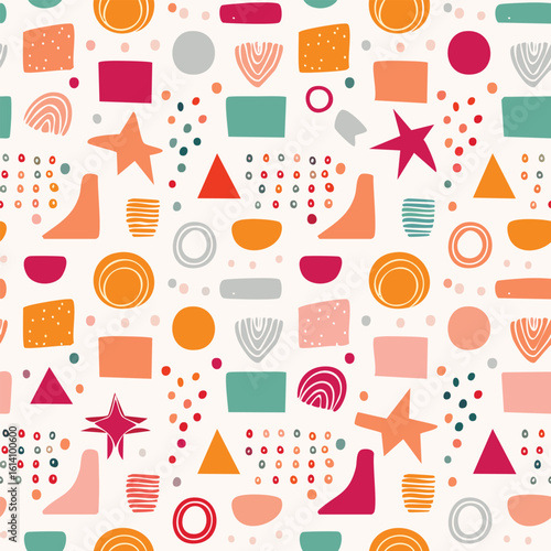 Abstract seamless pattern with 80s-inspired Memphis shapes in vibrant colors. Great for wrapping paper and fashion.