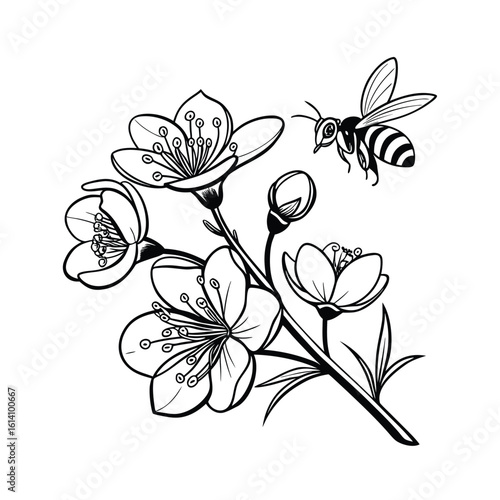 Elegant line art flower with a hovering bee on a clean white background
