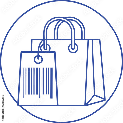 Blue outline shopping bags with barcode tag inside circle vector
