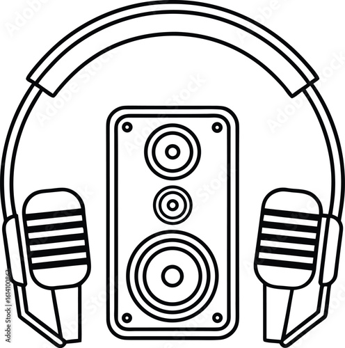 Black and white outline illustration of headphones speaker and microphones audio sound