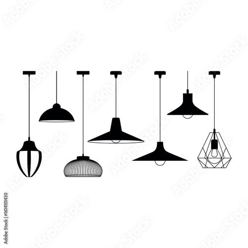 Collection of black silhouette pendant light fixtures on white background chandelier