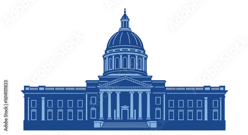 Classic blue silhouette of iconic government building with dome and columns