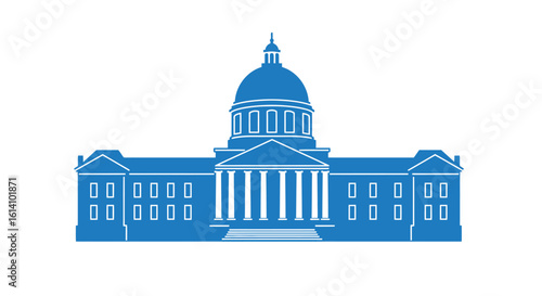 Blue silhouette of historic capitol building with dome and columns