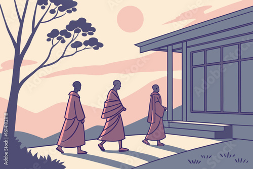Discover the serene beauty of monks walking in line near a temple at dawn in modern flat illustration style