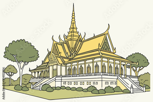 Admire the royal architecture of the Royal Palace in Phnom Penh with golden rooftops in modern flat illustration style