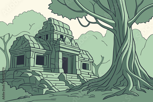 Sketch ancient ruins overgrown with tree roots at Ta Prohm temple in modern flat illustration style