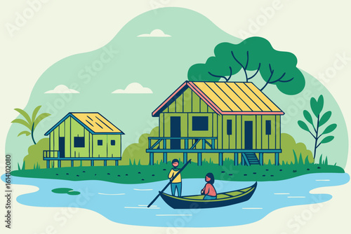 Wander through the floating villages on Tonlé Sap Lake with houses on stilts in modern flat illustration style