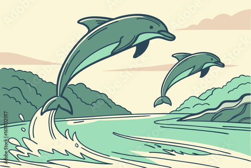 Spot endangered Irrawaddy dolphins leaping in the Mekong near Kratie in modern flat illustration style