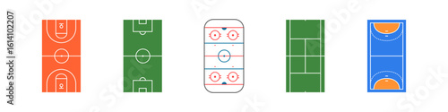 Sport field set. Soccer field topview. Green tennis court topview. Isolated hockey stadium layout. Basketball field view from the top.