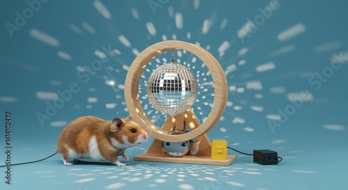 Whimsical hamster investigation of a miniature disco ball with circular wood frame