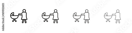 Woman with Baby Stroller icon set, Illustration, Black