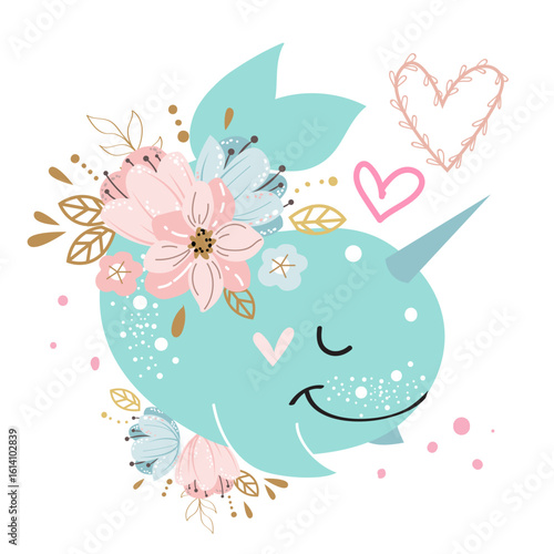 Cute narwhal in boho style on a white background isolated. Vector illustration for children. Underwater inhabitants