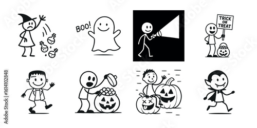 Whimsical halloween illustrations featuring children in costumes trick or treating and spooky characters