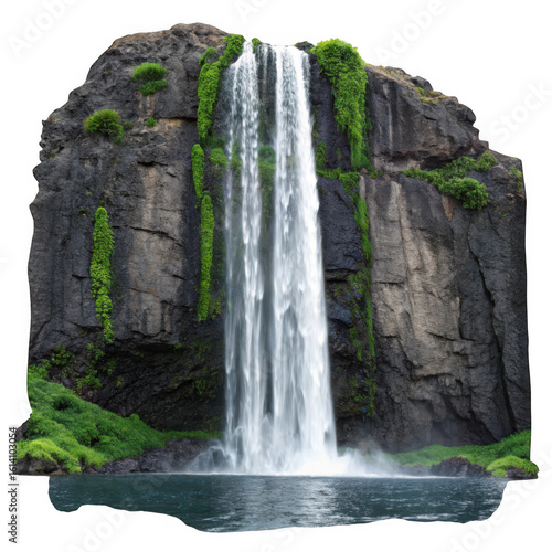 A majestic waterfall cascades down a mosscovered rocky cliff isolated on transparent background