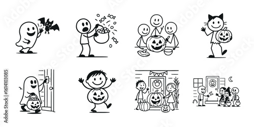 Whimsical halloween line art featuring ghosts pumpkins and trick or treaters