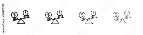 Time and money compare scale icon set, Illustration, Black