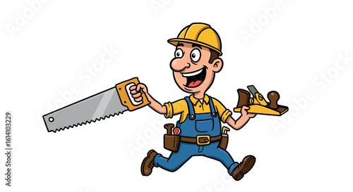Cartoon carpenter joyfully running with tools in hand