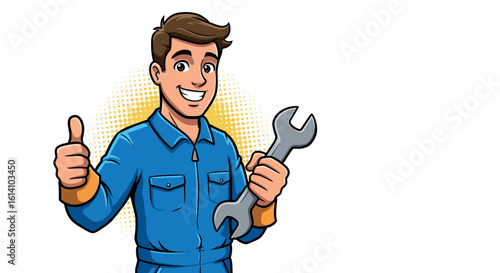 Cheerful cartoon mechanic with wrench giving thumbs up in blue overalls