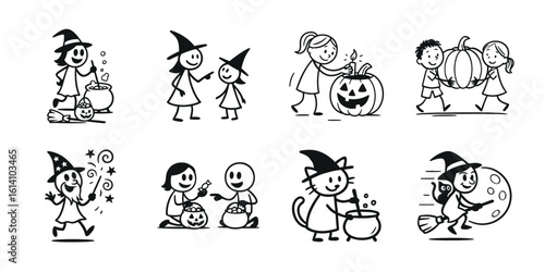 Whimsical halloween illustrations featuring children trick or treating and a friendly witch with her cat
