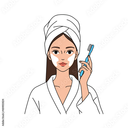 Young woman applying facial cream while holding toothbrush at home  
