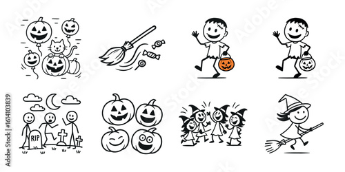 Whimsical halloween illustrations featuring pumpkins trick or treaters witches and a broomstick