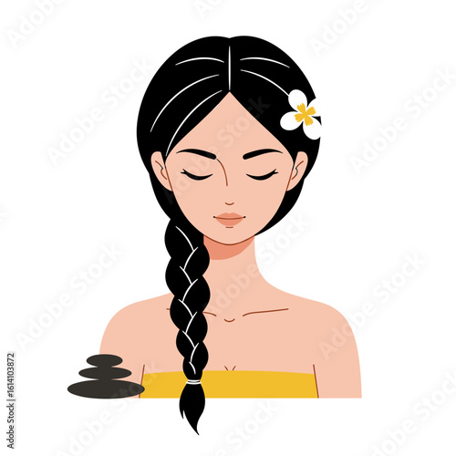 Young woman enjoying a spa treatment with stones and flower  