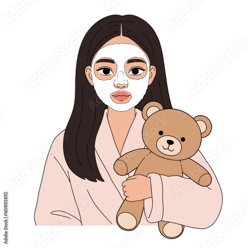 Young woman relaxing with a facial mask and holding a teddy bear  