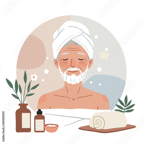 Elderly man relaxing with spa treatment and natural products  