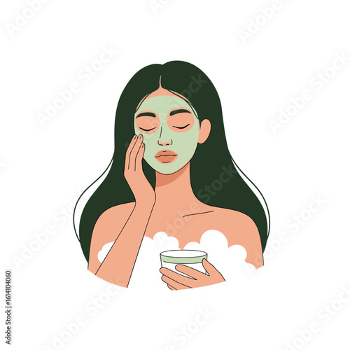 Young woman applying facial mask while holding a cream jar  