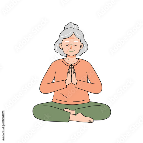 Elderly woman practicing meditation with hands together on white background  