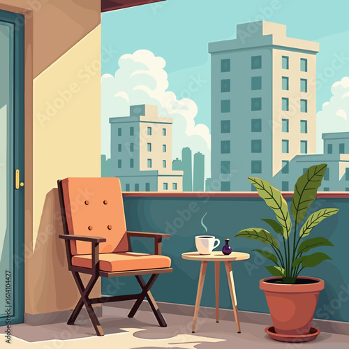 Cozy balcony with chair, table, and plant overlooking city skyline  