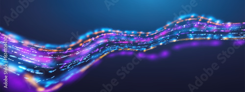 AI data wave abstract background with tech line patterns and digital network flow. Futuristic 3D blue vector design for cyber security and big data concepts. Cosmic motion effect. Vector Illustration.