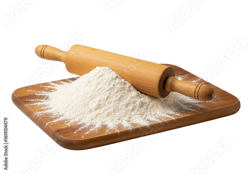 Pile of flour with rolling pin on wooden tray
