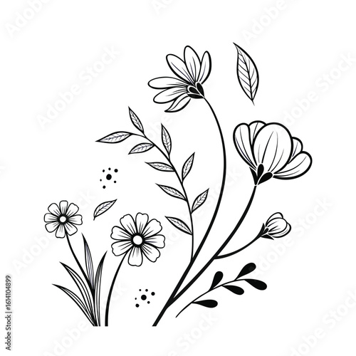 Collection of delicate hand drawn floral line art elements for design projects