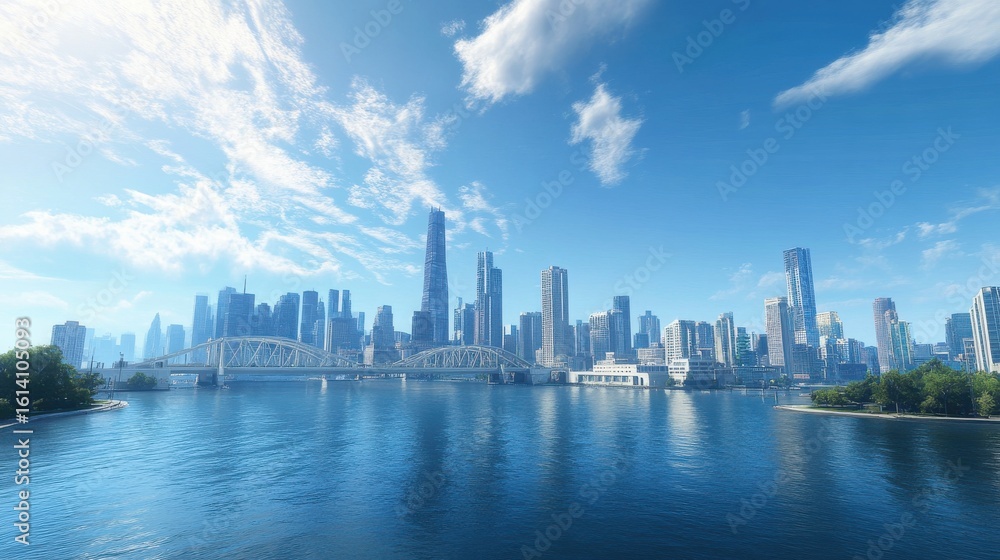 Naklejka premium Panoramic view of a modern cityscape with skyscrapers reflecting in the calm water under a bright blue sky