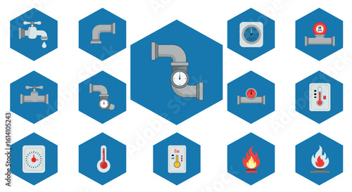 Plumbing and heating icons set with thermometers and valves in hexagonal layout