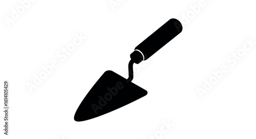 Simple black silhouette of a garden trowel on white background