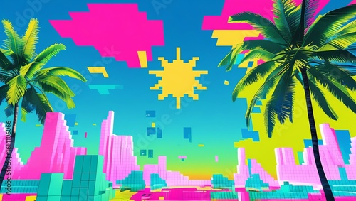 Miami Vice Inspired City Scene with Bold Hues, Palm Trees, and a Sunset-like Sky
