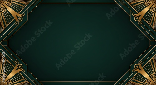 Elegant Art Deco style background with golden geometric frame on a dark green canvas.