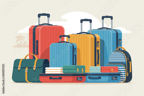 Illustration of colorful luggage and bags stacked together on a light background for travel theme