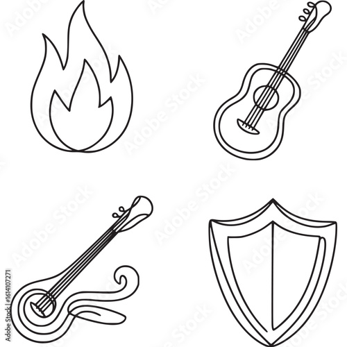 Line art illustration of fire, guitar, stringed instrument, and shield on transparent background