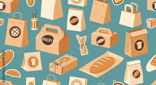 Seamless pattern of bakery packaging on blue background on transparent background