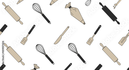 Seamless pattern of baking utensils on white background on transparent background