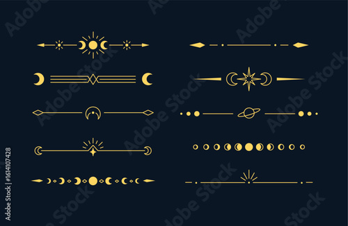 Celestial tarot ornament, vector mystical spiritual line art, golden divider lines with crescent, moon eclipse, stars