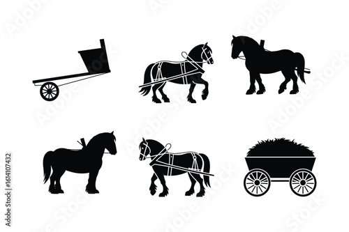 Black horse silhouettes pulling carts and standing white