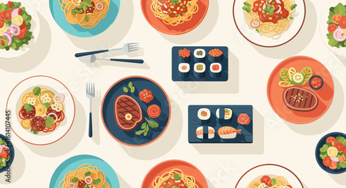 Overhead view of food dishes: pasta, steak, sushi, and salad on transparent background